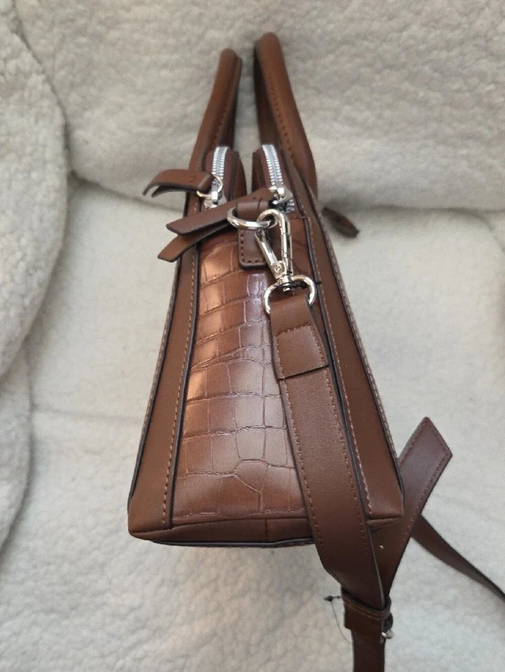Nine West Brown Croc-Embossed Satchel with Crossbody Strap